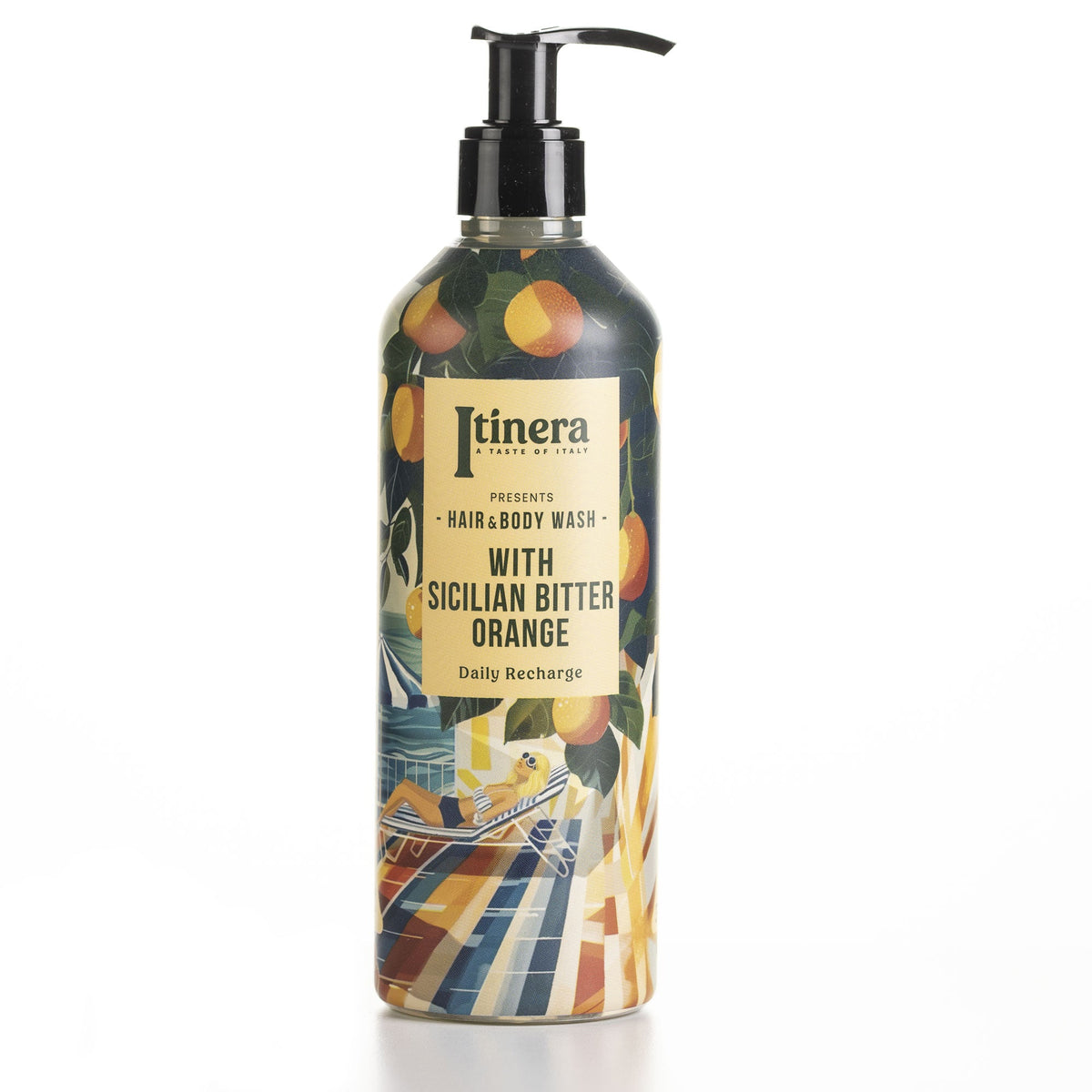 Duschgel und shampoo, daily recharge mit sizilianischer bitterorange, pumpspender 370 ml, aus recyceltem pet mit sleeve, pumpe unversiegelt, Itinera
