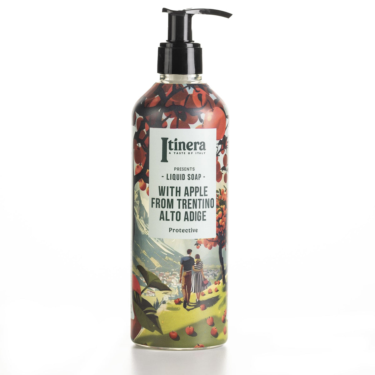 Flüssigseife, mit apfel aus dem trentino/südtirol, pumpspender 370 ml, aus recyceltem pet mit sleeve, pumpe unversiegelt, Itinera