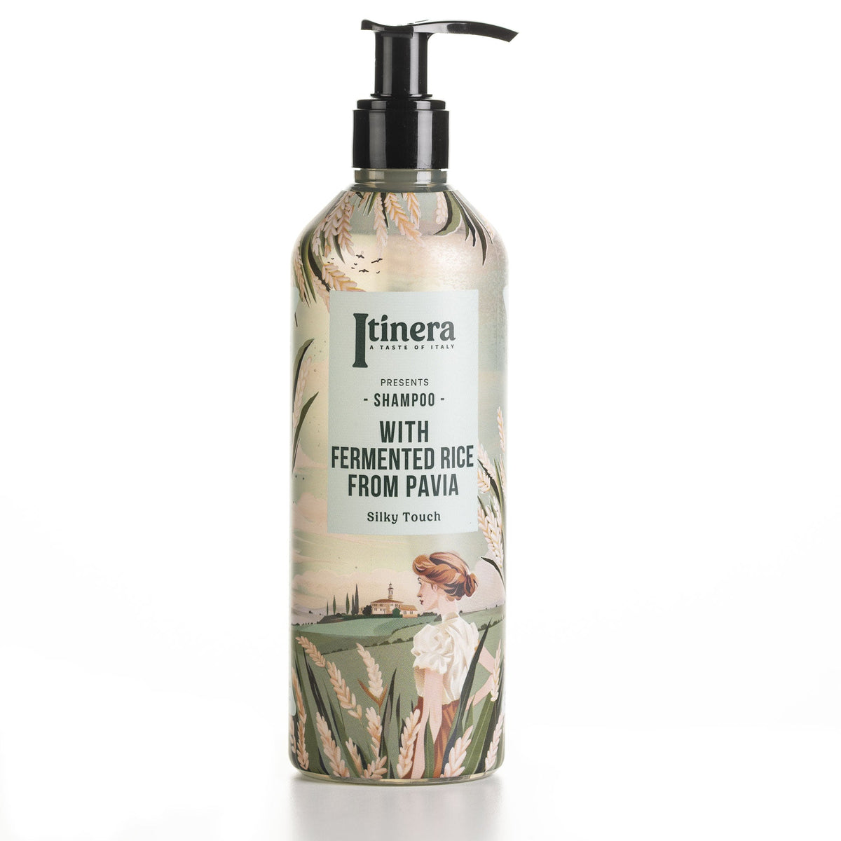 Shampoo, silky touch mit fermentiertem reis aus pavia, pumpspender 370 ml, aus recyceltem pet mit sleeve, pumpe unversiegelt, Itinera
